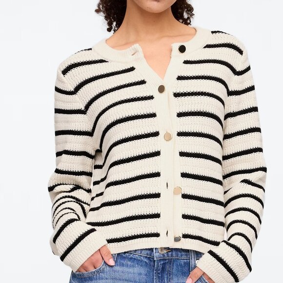 GAP Stripe Mixed-Stitch Cardigan in Ivory Frost Black Stripe/NWT/L - Picture 1 of 11